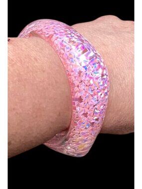 Chunky Squared Lucite Bangle Bracelet Clear with Encased Pink Holo Glitter